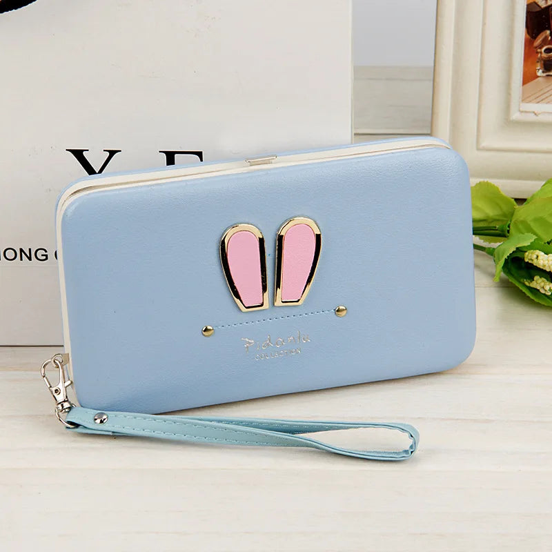 Cartoon Rabbit Ears Women's Cell Phone Box Wallet Credit Card Holder Purse with Wristlet Handbag