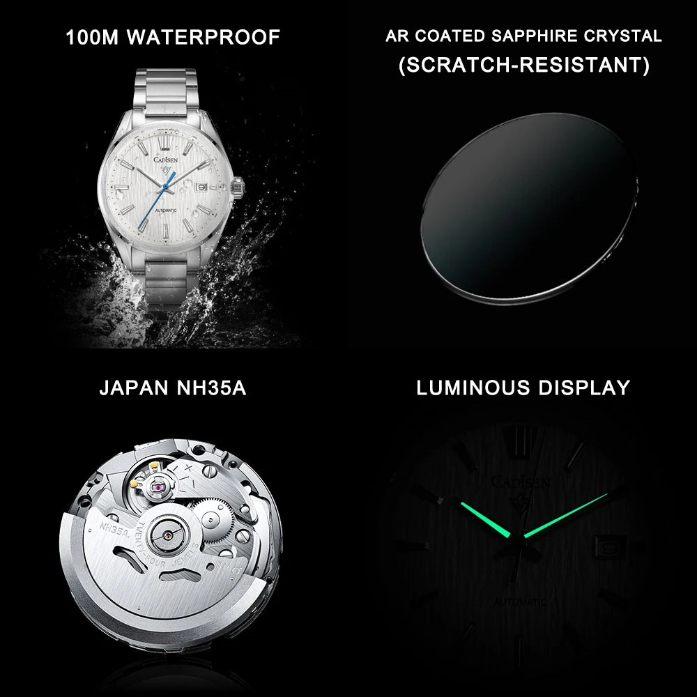 CADISEN NEW Luxury Men Mechanical Wristwatches 10Bar Waterproof Japanese NH35 Movement Automatic Watch Steel Watch for Men