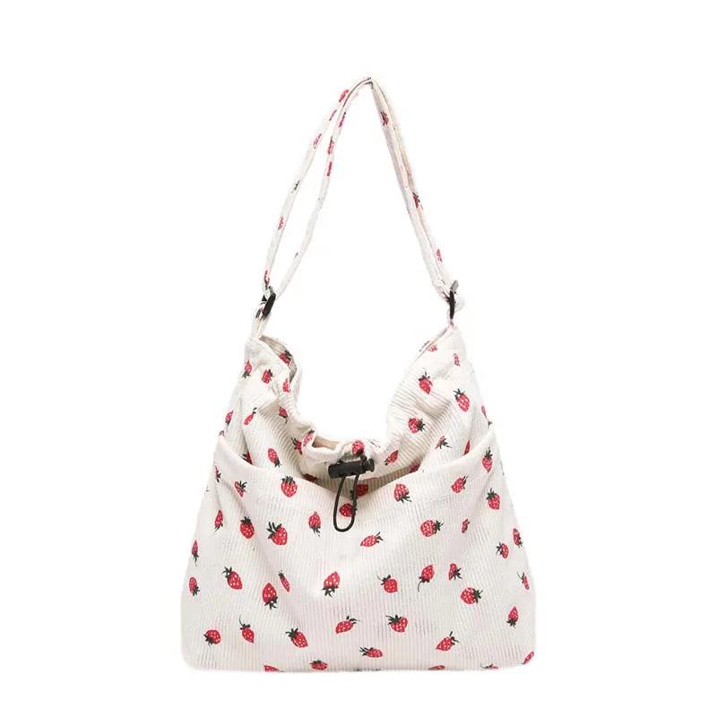 Women Corduroy Shoulder Bag Strawberry Handbag Adjustable Strap Multi-Pocket Work Shopping Bag