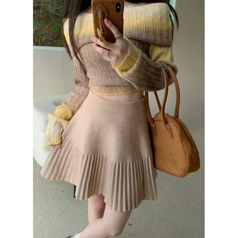 Spicy Girl Solid Color Versatile Knit Skirt Women's Early Autumn 2024 New Style High-Waisted Loose-Fit Slimming A- Line Mini Dre