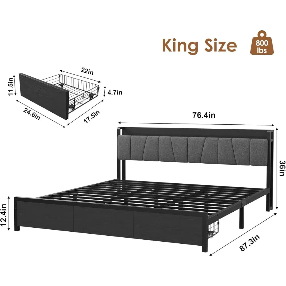 King Size Bed Frame with Storage Headboard, No Box Spring Needed, King Platform Bed with 2 Large Drawers and Charging Station
