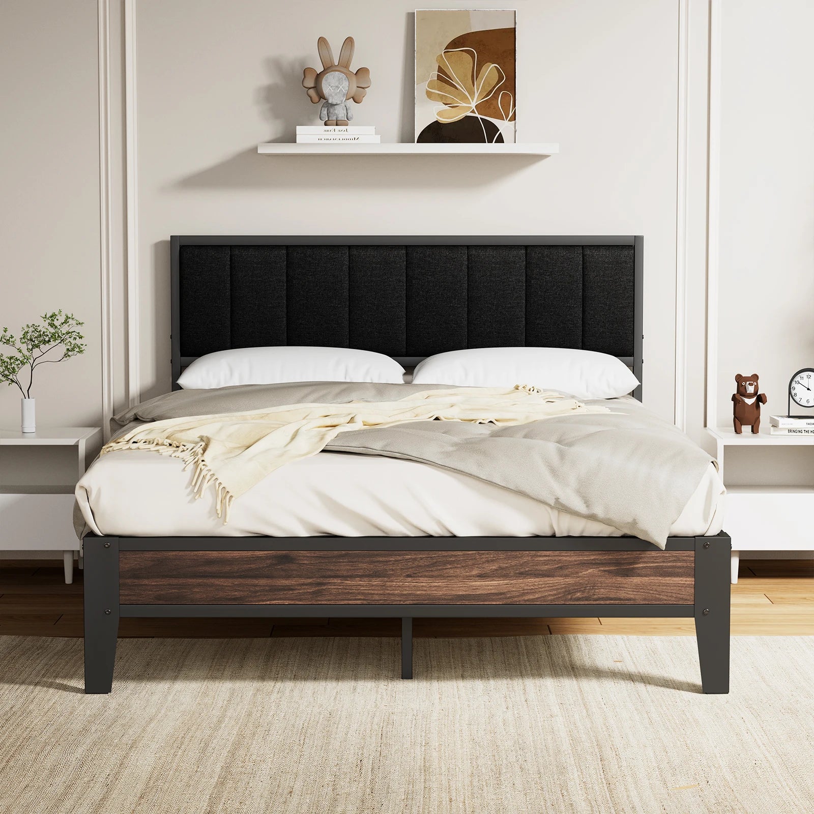 Twin/Full Bed Frame, Headboard Upholstered Bed Frame Platform, All Metal Slats Support Platform Bed Frame with Storage Space
