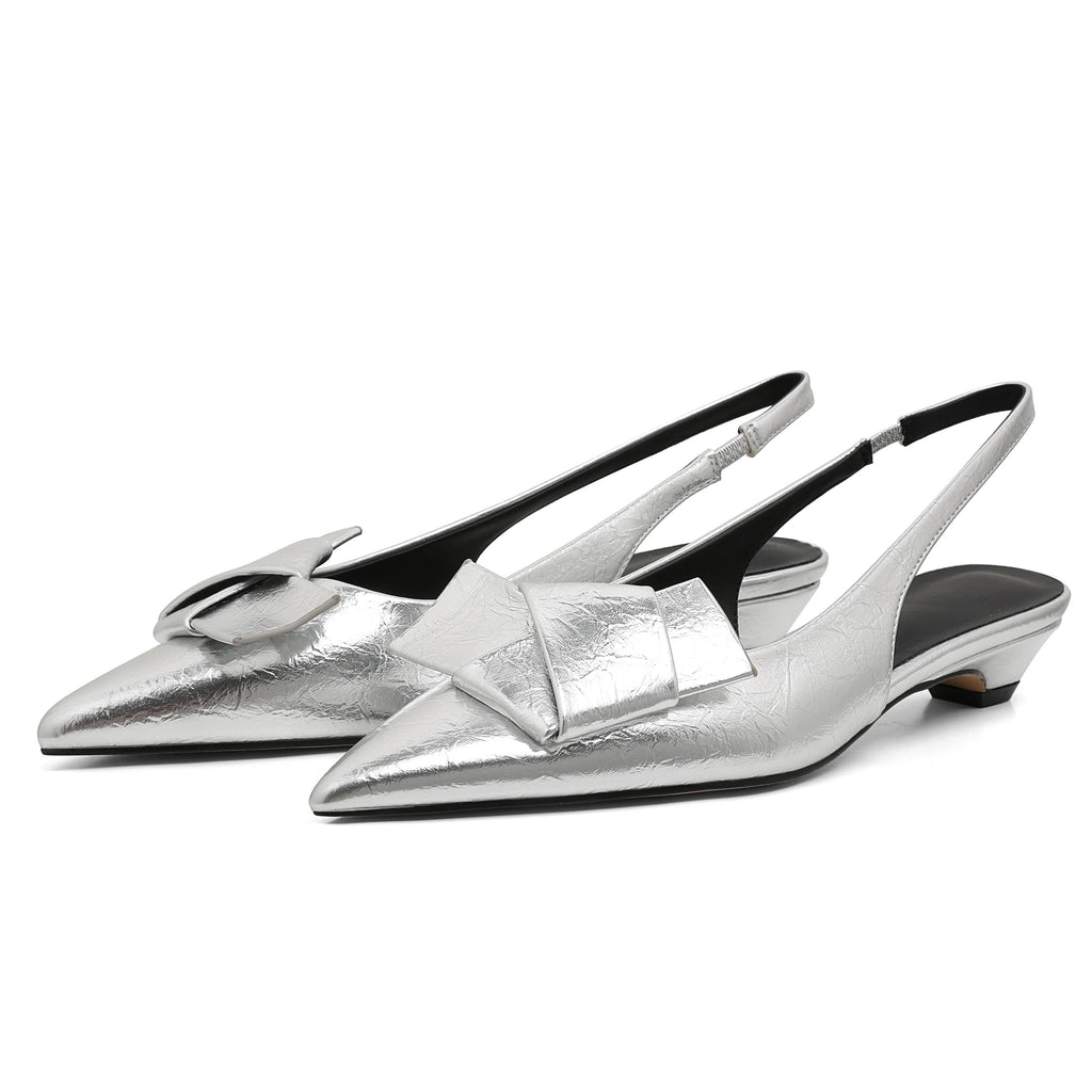 GIGIFOX Kitten Low Heels Bownkot Pointy Toe Leisure Sandals Pleated Slip-on Back Strap Flats Chic Office Ladies Shoes For Woman