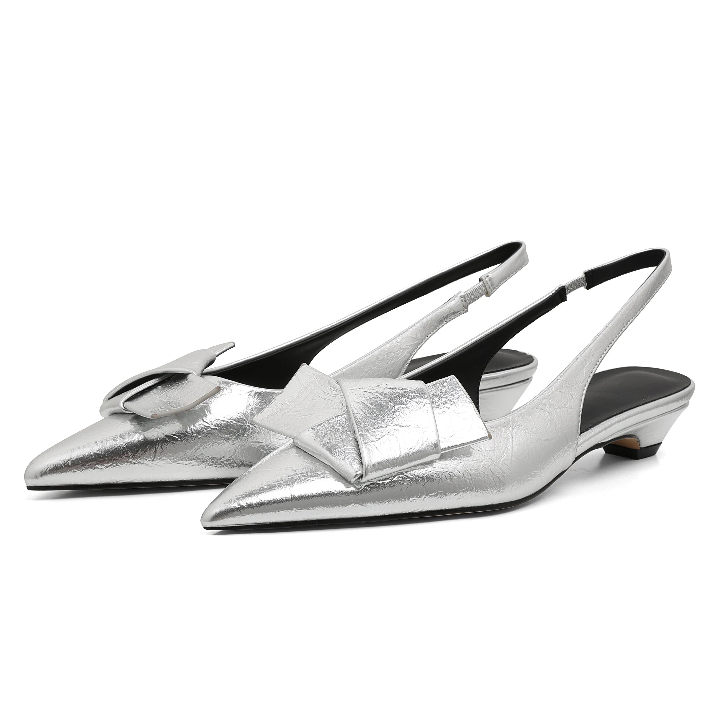 GIGIFOX Kitten Low Heels Bownkot Pointy Toe Leisure Sandals Pleated Slip-on Back Strap Flats Chic Office Ladies Shoes For Woman