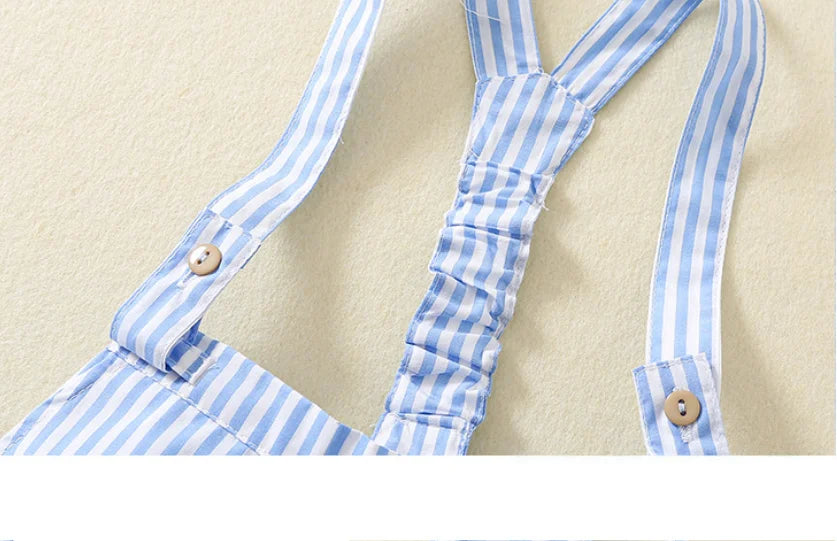 Baby Boys Birthday Outfit 2Pcs Set Short Sleeve Shirt + Striped Suspenders Pants Toddler Summer Clothes Formal Suit Gentleman
