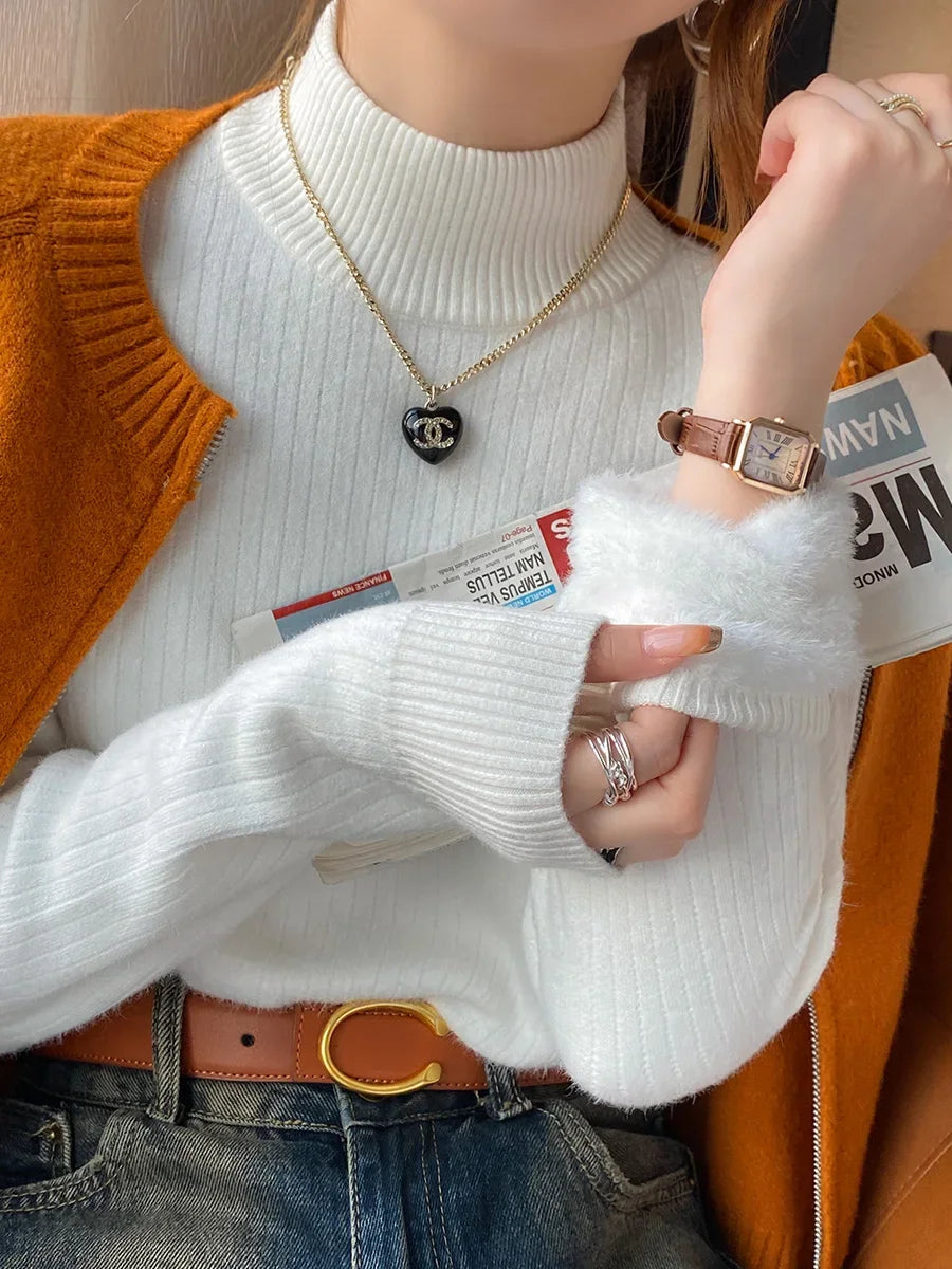 Sweater For Women Winter Thicken Turtleneck Slim Knit Pullover New Warm Plush Velvet Lined Knitwear Jumper Tops Casual Poleras