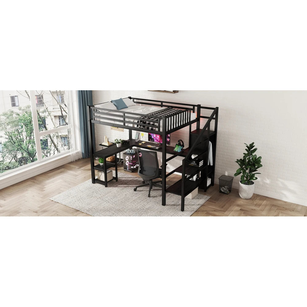 Metal Full Loft Bed with Wardrobe and LED Light, Full Size Loft Bed with L Shaped Desk and USB for Kids Teens Adults, Black