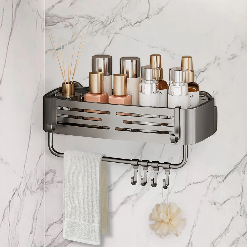 Viladepot Suction Cup Shelf Gray Bathroom Shelf Cargo Organizer With 4PCS Hooks 1PCS Towel Bar