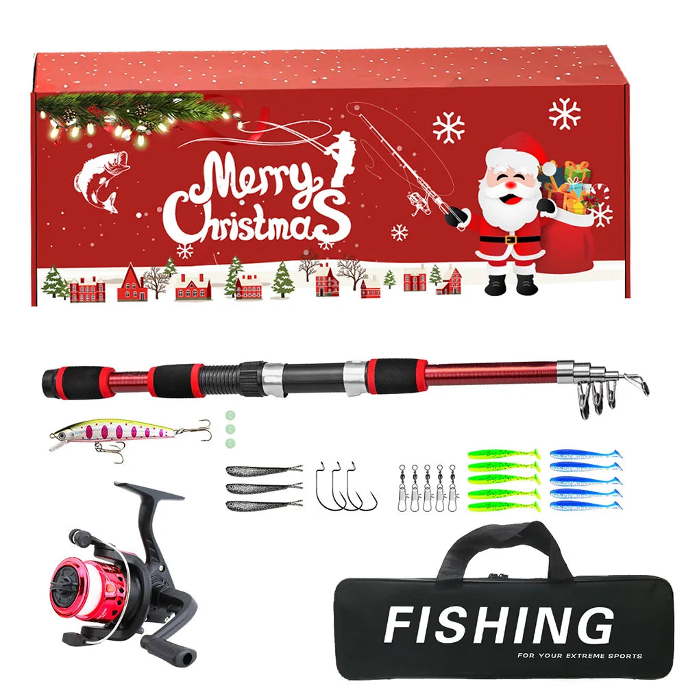 Fishing Pole Set Full Kits with Telescopic Fishing Rod and Spinning Reel Fishing Lures Hooks Travel Pole Set Xmas Gifts for Men