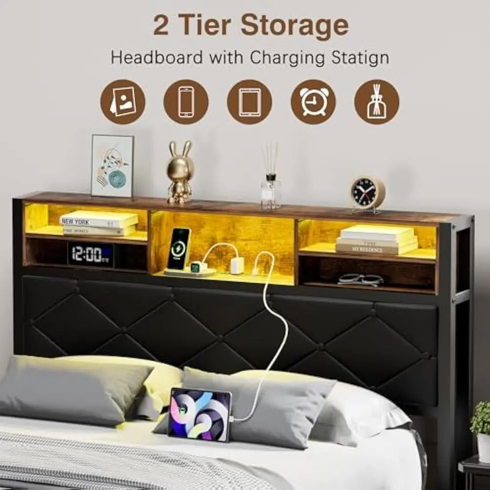 LED Queen Size Bed Frame with Headboard & Foot board and  USB Charging Station, Storage, Noise Free, No Box Spring Needed