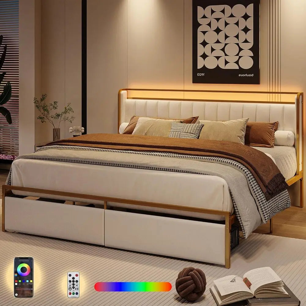 LIKIMIO Queen / Twin Bed Frame with Armrests Headboard & RGB Light, Upholstered Queen Size Bed Platform with Drawers, No Noise