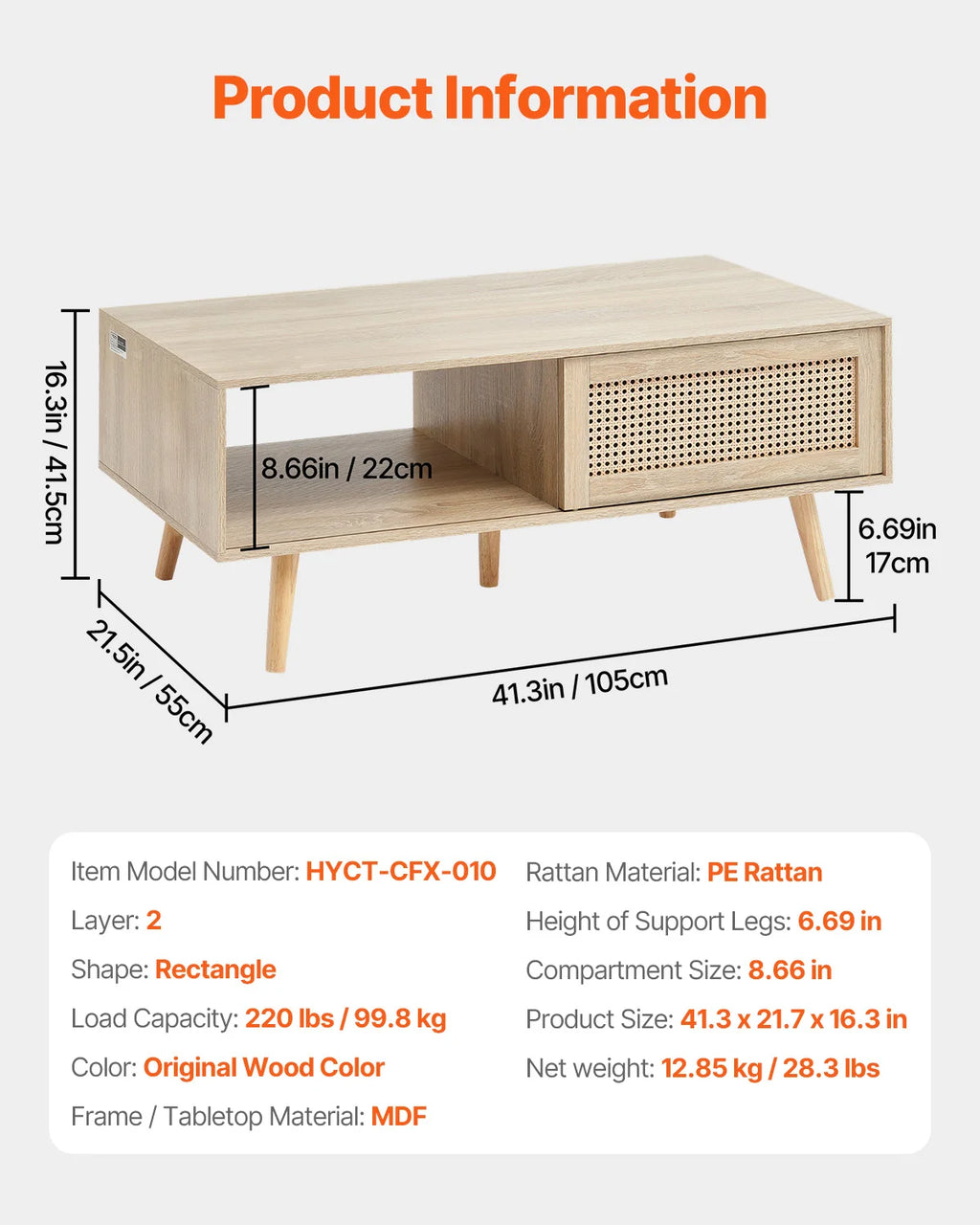 SucceBuy Rattan Coffee Table Rectangle Coffee Table 42-47in Modern Boho Style 2 Layers Storage Coffee Table for Home Bedroom