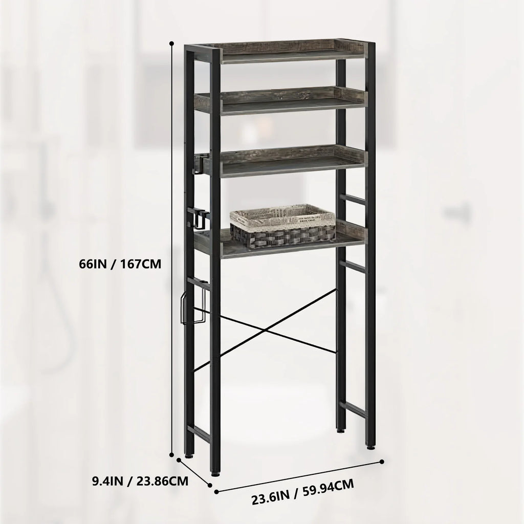 Over The Toilet Storage Rack 4-Tier Bathroom Organizer Freestanding Shelf Space Saver Toilet Stand Cabinet with 4 Hooks