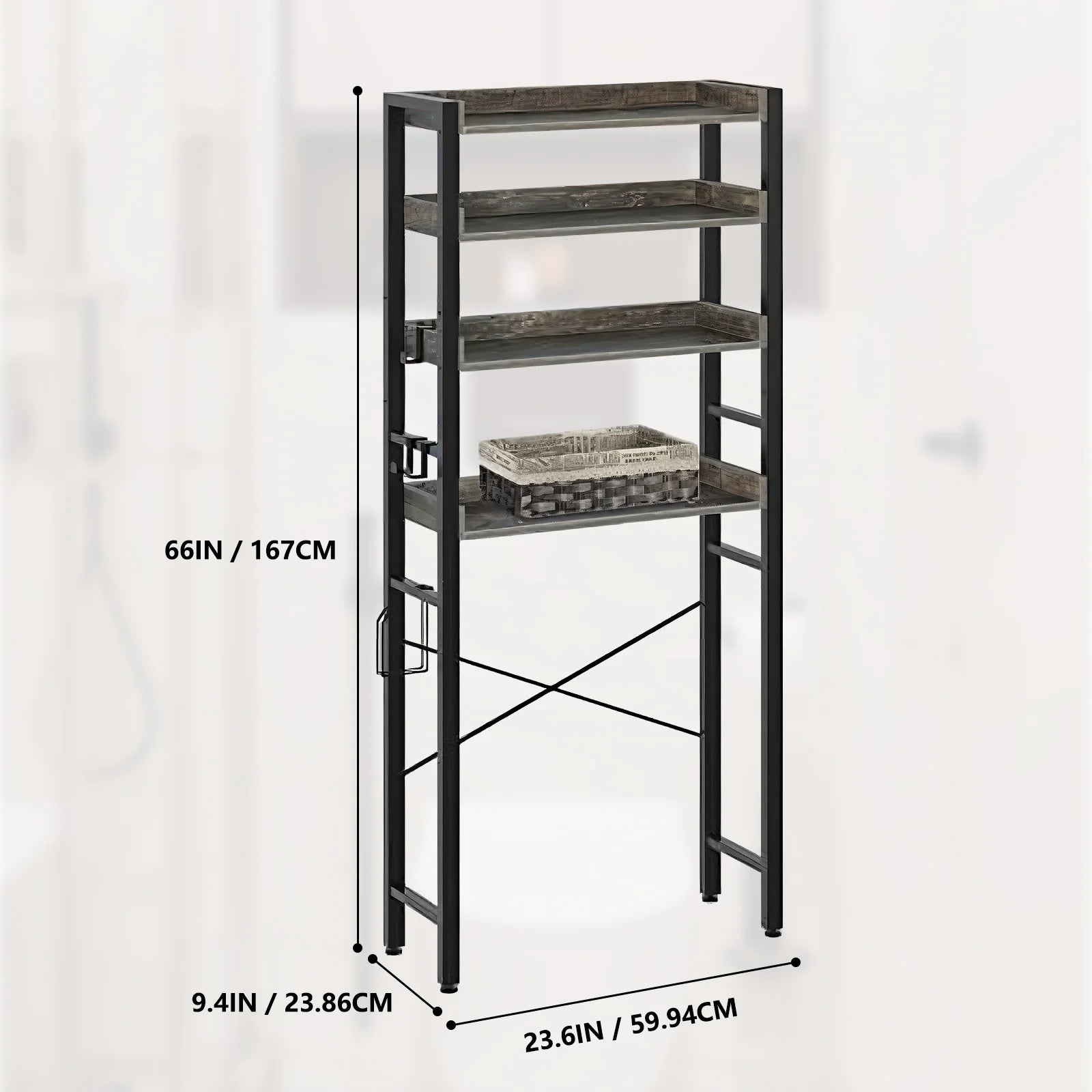 Over The Toilet Storage Rack 4-Tier Bathroom Organizer Freestanding Shelf Space Saver Toilet Stand Cabinet with 4 Hooks