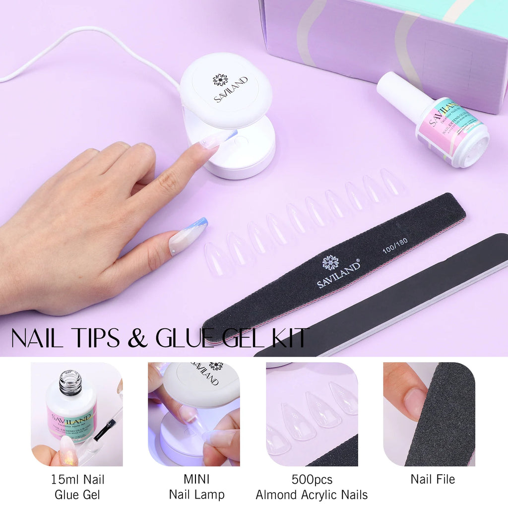 SAVILAND 500pcs Gel X Nail Kit For Extension Nail Tips Full Cover Press On Nails Sculpted Almond Coffin with UV LED Nail Lamp