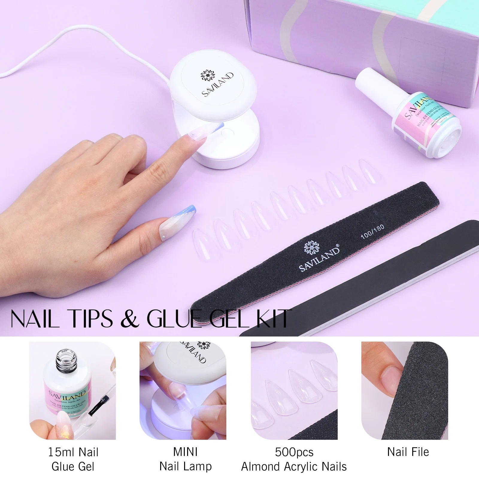 SAVILAND 500pcs Gel X Nail Kit For Extension Nail Tips Full Cover Press On Nails Sculpted Almond Coffin with UV LED Nail Lamp