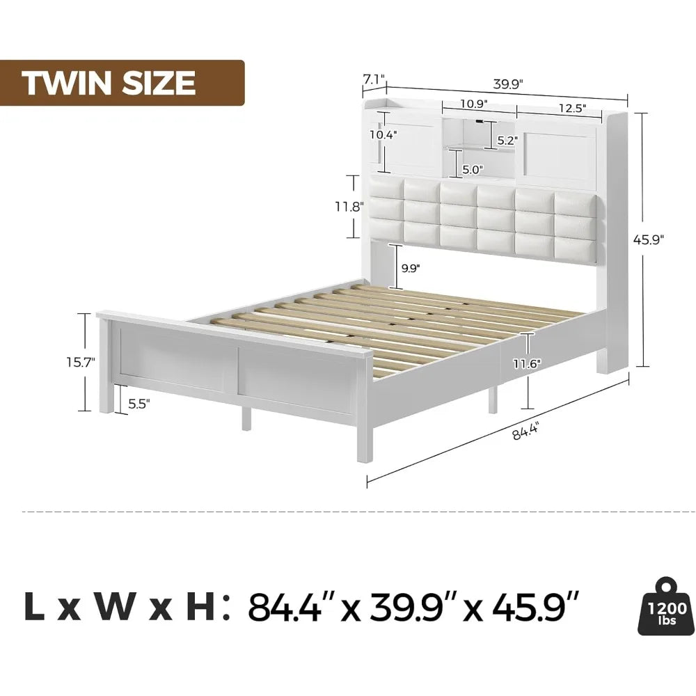 LED Twin Size Bed Frame with Charging Station, Platform Beds with Wooden Slats, No Box Spring Needed, Noise Free, Bed Frame