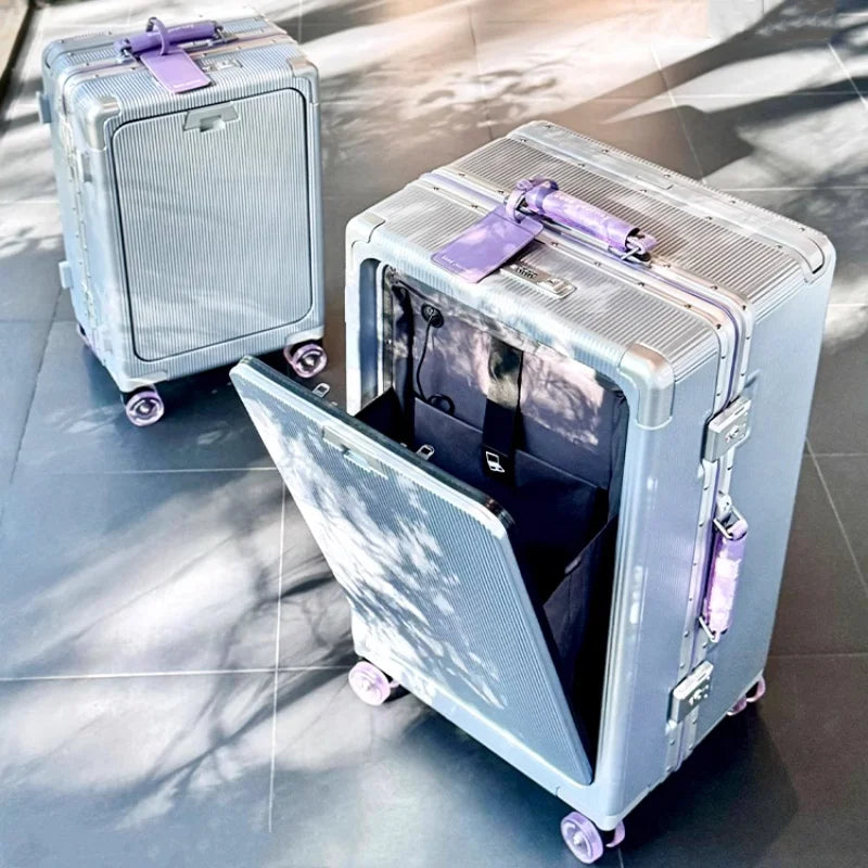 Front Opening Pocket Rolling Luggage Aluminum Frame Wide Handle Trolley Suitcase with Upgrade Silent Wheel USB Charging Plug TSA