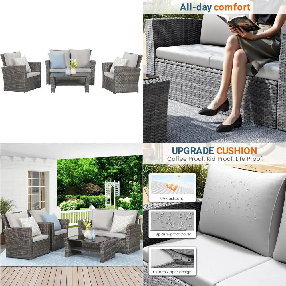 Gray Wicker Outdoor Patio Furniture Set, 4-Piece Conversation Area for Deck, Porch, with Cushioned Sofa Chairs