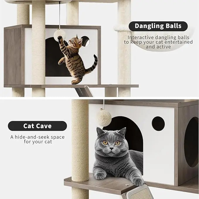 Cat Tree with Litter Box Enclosure 59 Inch Large 2 in 1 Cat Tower Condo with Scratching Post, Dangling Balls