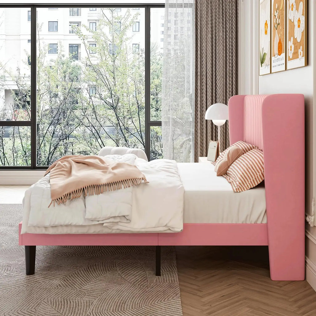 Bed Frame, Full-king Size Velvet Bed Frame with Vertical Channel Tufted Wingback Headboard, No Box Spring Needed, Easy Assembly