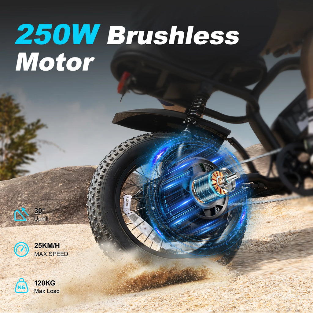 VDL Mountain Electric Bike , 16" Fat Tire Ebike, Wider Seat 800W Peak Motor, Removable Battery, Front Fork Suspension