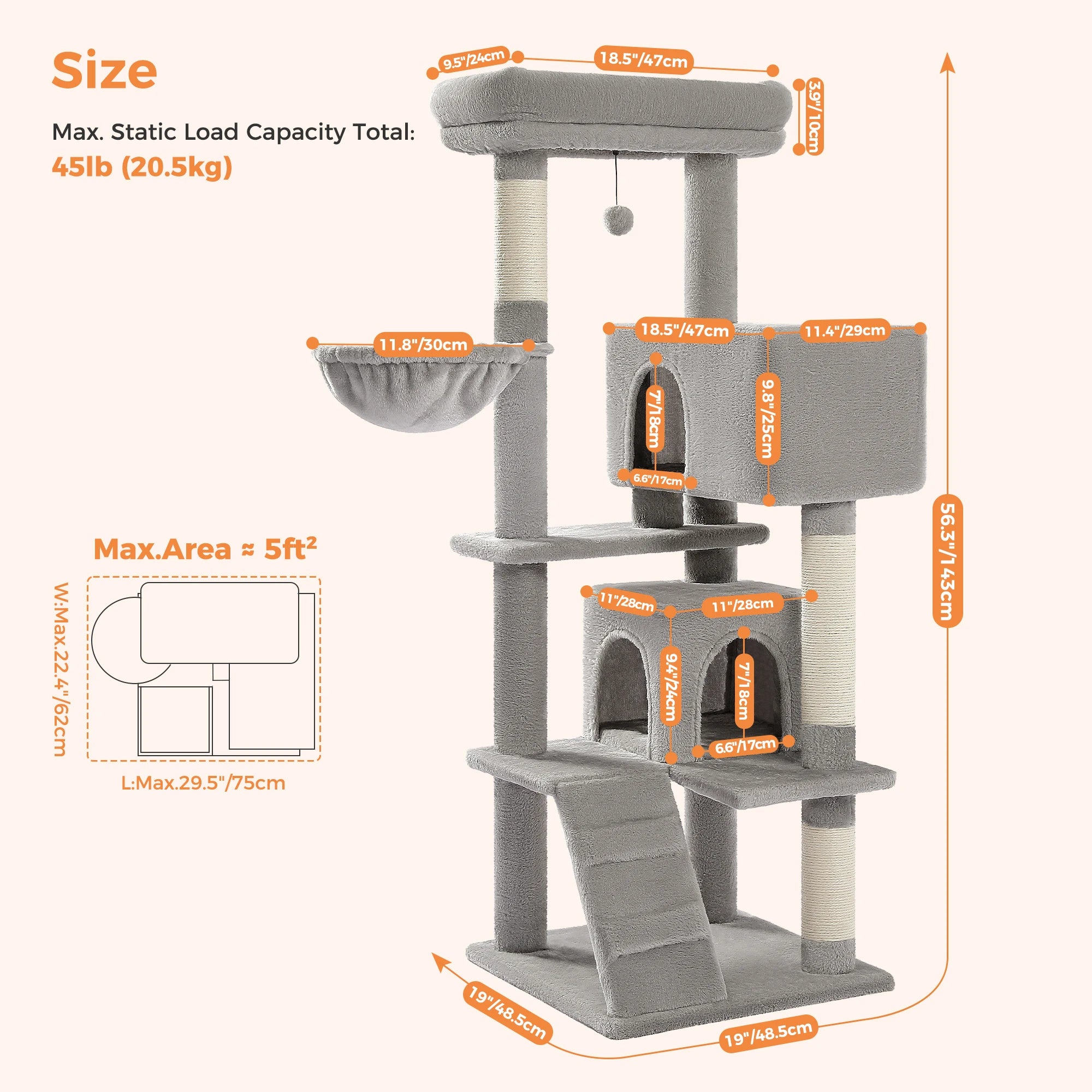 Cat Tree Luxury Cat Towers with Double Condos Spacious Perch Cat Hammock Fully Wrapped Scratching Sisal Post and Dangling Balls