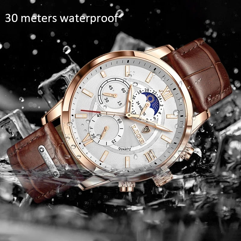 2025 New Mens Watches LIGE Top Brand Leather Chronograph Waterproof Sport Automatic Date Quartz Watch For Men Relogio Masculino