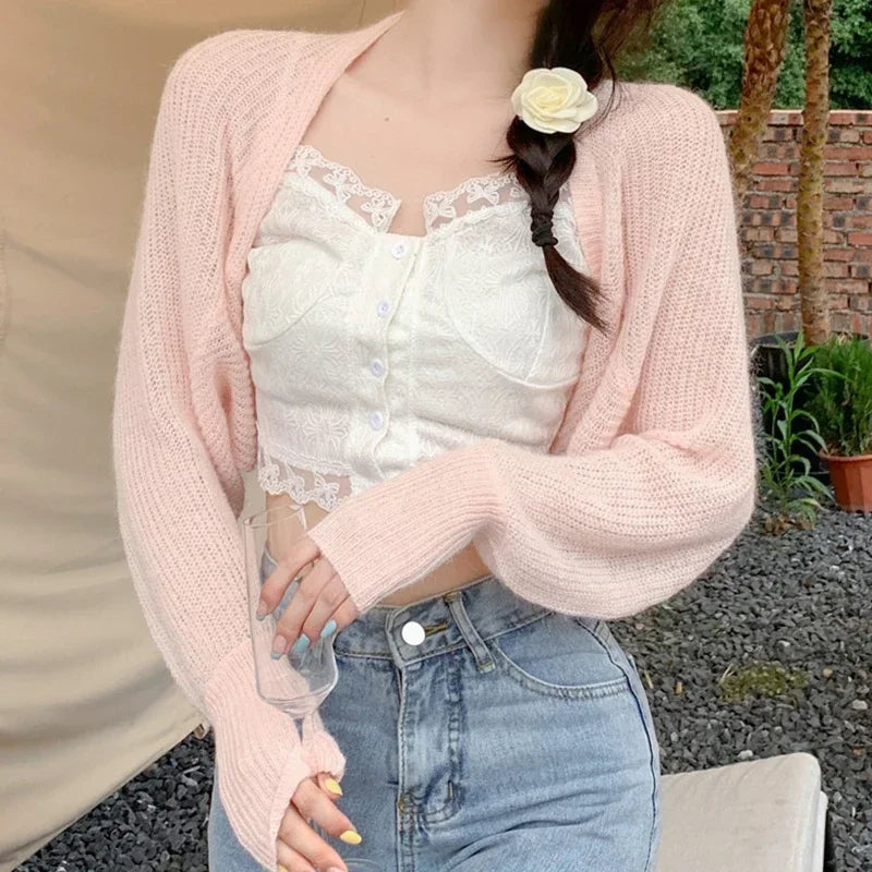Women's Summer Open Front Bolero Shrug Long Sleeve Solid Color Sun Protection Transparent Knitted Cropped Cardigans