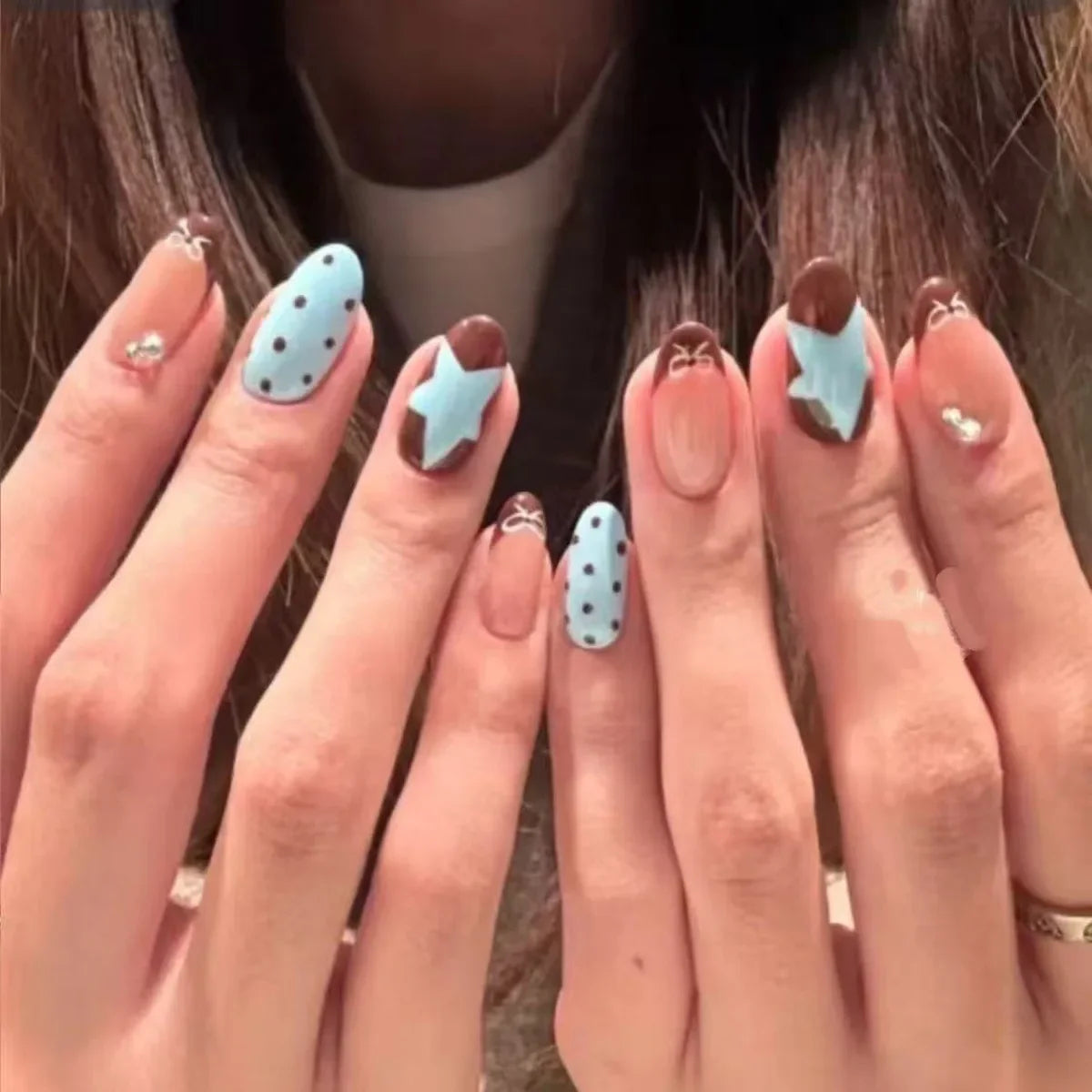 10pcs Handmade French Short Press On Nails Blue Brown Polka Dot Bow Star Design Fake Nail Wearable Nail Art Tips for Girls