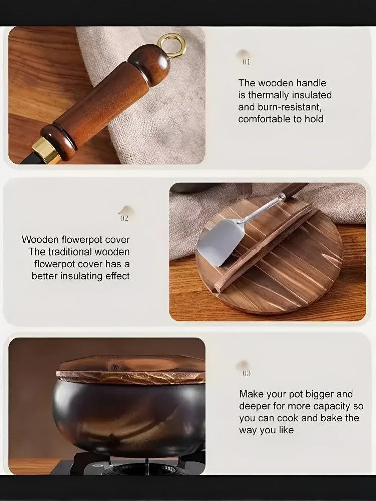 Big Belly Pot Deepened Non-stick Iron Pot Flat Bottom Uncoated Small Frying Pan Iron Pan with Lid Uncoated Frying Pan Big Belly