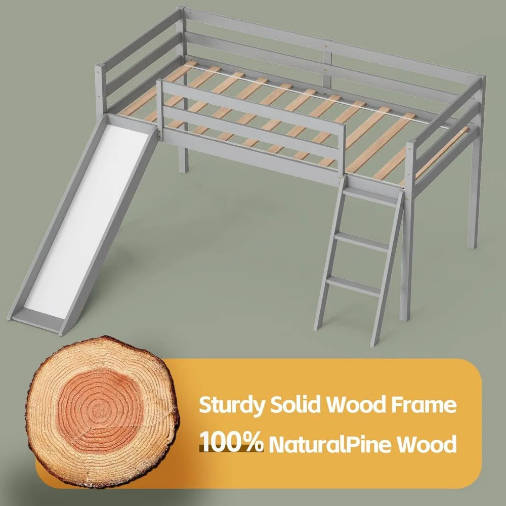 low loft bed with slide, wood twin loft bed frame with climbing ladder & storage space for kids toddler (grey)