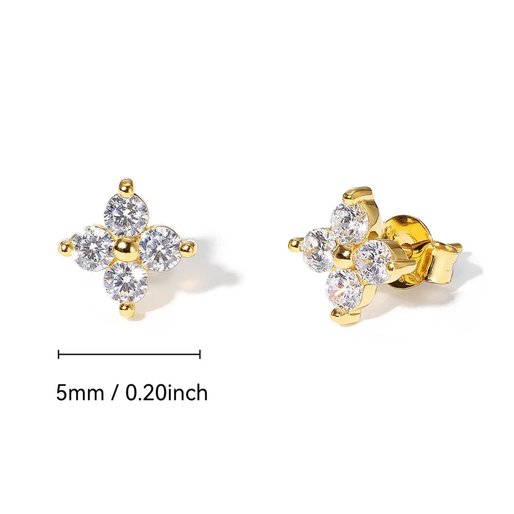 Dainty Flower Stainless Steel Butterfly Stud Earrings for Women Cartilage Ear Ring Cute Zircon Gold Color Clover Jewelry Gift