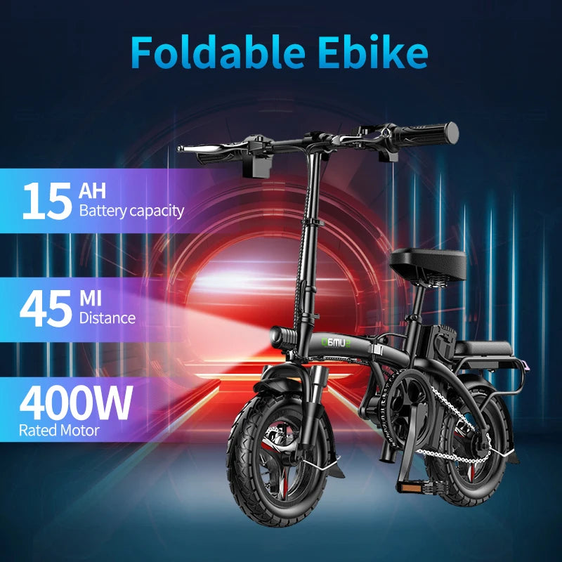 Foldable Electric Bike 400W Motor 48V 10/15/20Ah Removable Battery 45 Miles Range City Commute Ebike 14" Cruiser Bicycle