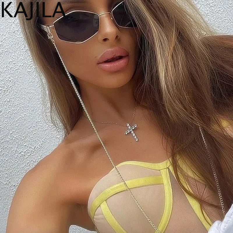 Sexy Small Frame Hexagon Sunglasses Women With Chain 2025 Luxury Brand Designer Punk Sun Glasses For Ladies Shades Gafas De Sol