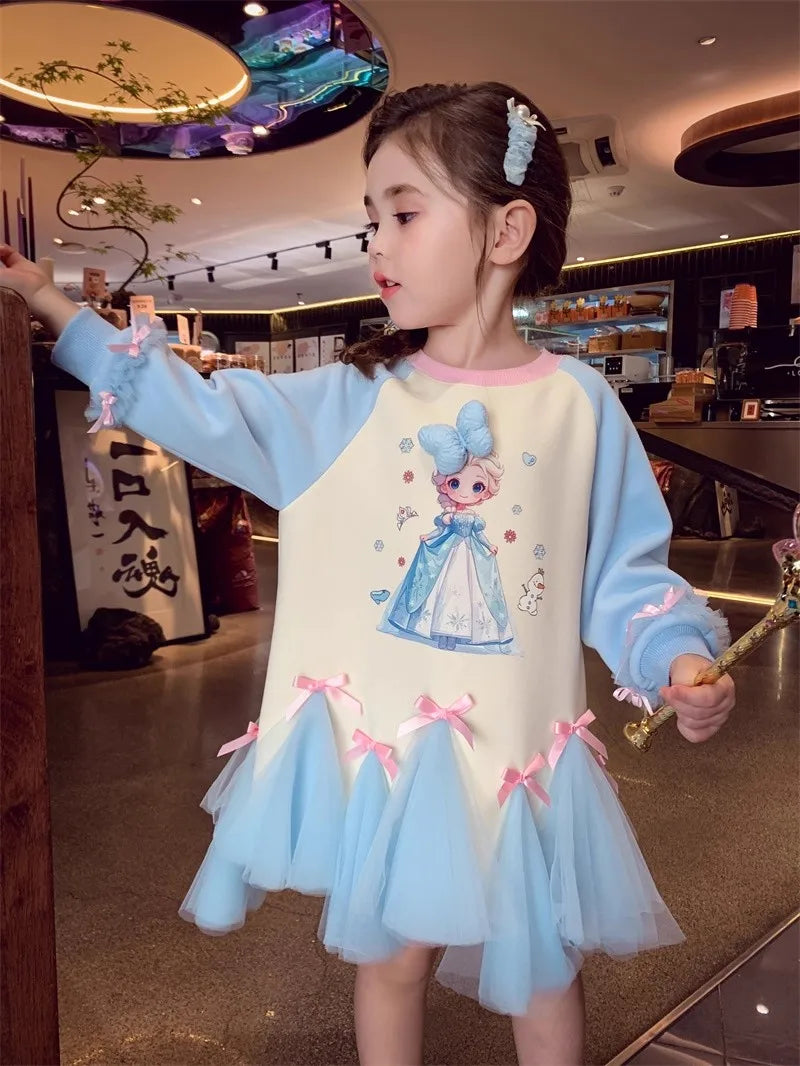 Girl's Fall/Winter Sweatshirt Long Sleeve Princess Elsa Snow White Cartoon Print Tulle Skirt Casual Hoodie Dress 2-12 Years Old