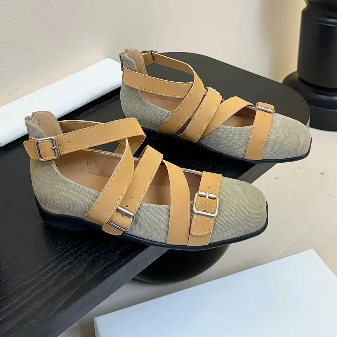 2025 Newest Retro Real Leather Square-Toe Flat Heel Ballet Dance Shoes Buckle-Strap Mary Janes Gladiator Sandals Bota Feminina