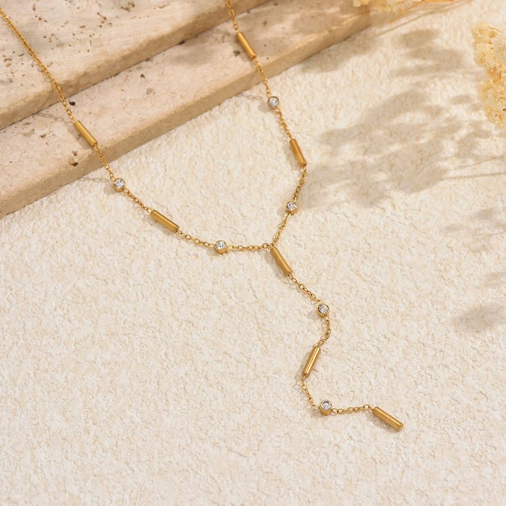 Lxalry 18K Gold Plated Stainless Steel Y Lariat Necklace for Women – Dainty Minimalist Design with Zircon Accents – Waterproof,