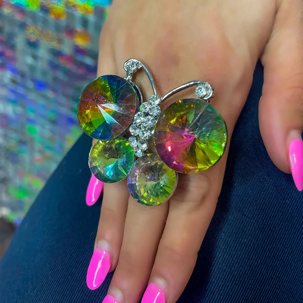Stonefans Creative Butterfly Finger Ring Oversize Y2k Hand Decoration Fashion Design Rhinestone Open Ring Handmade Jewelry Party