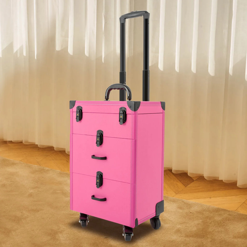 Rolling Makeup Case Large Storage Cosmetic Trolley with Swivel Wheels & 4 Locks 3 Layer Rolling Makeup Case Cosmetic Storage