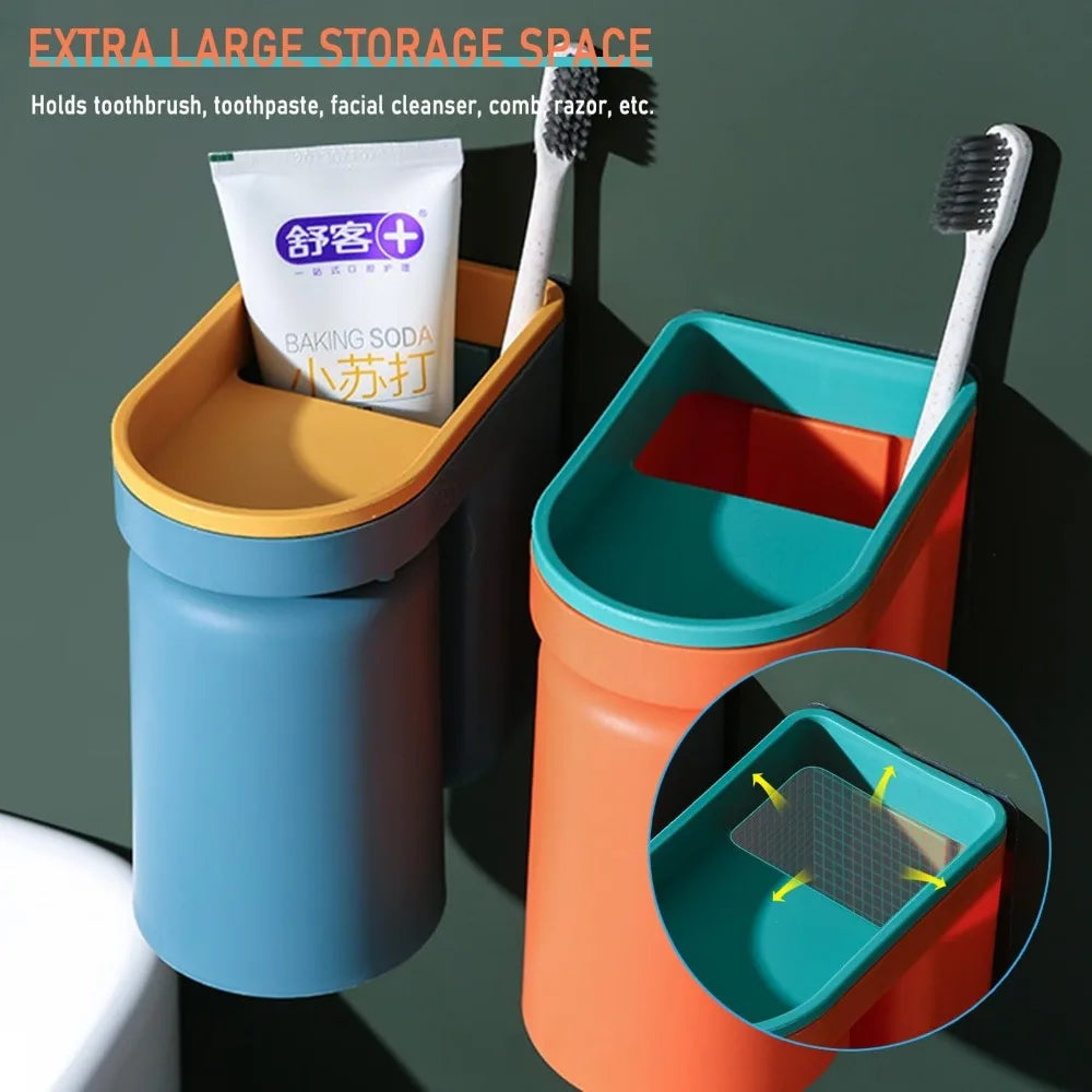 Toothbrush Holder Wall Mounted with Cup,2-in-1 Toothbrush Holders & Cups Set,Inverted Design for Easy Cleaning and draining,Stic
