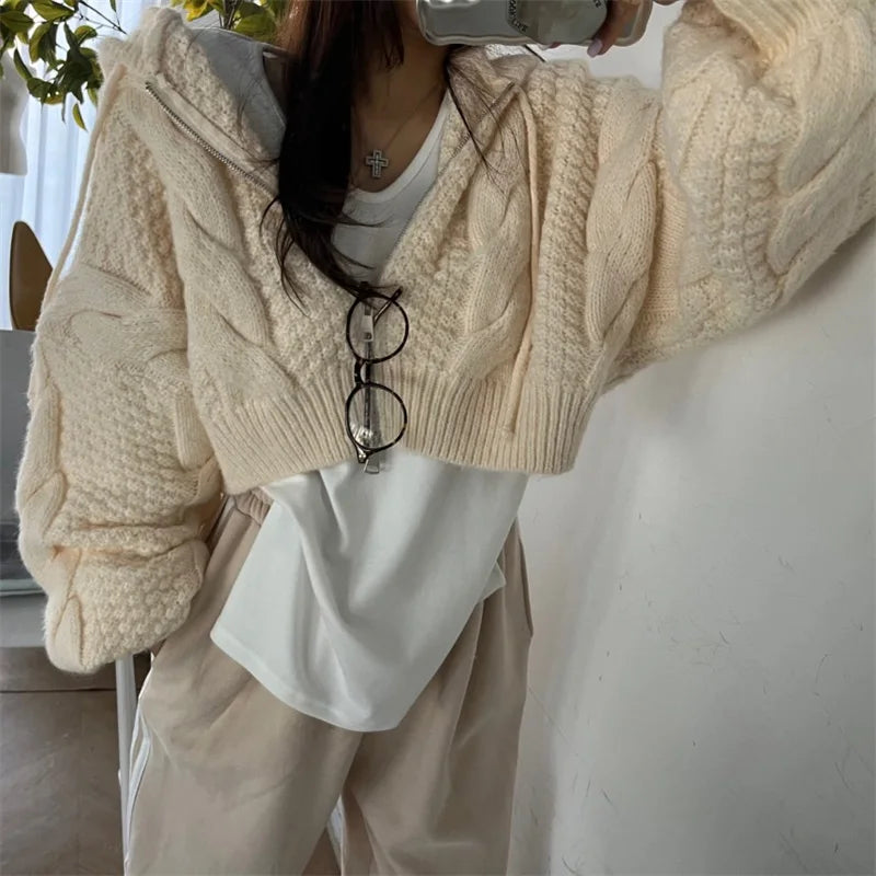 Fashion Hooded Zipper Cardigan Crop Sweater Women Long Sleeve Knitted Casual Short Coats Loose Simple Autumn Winter Clothes