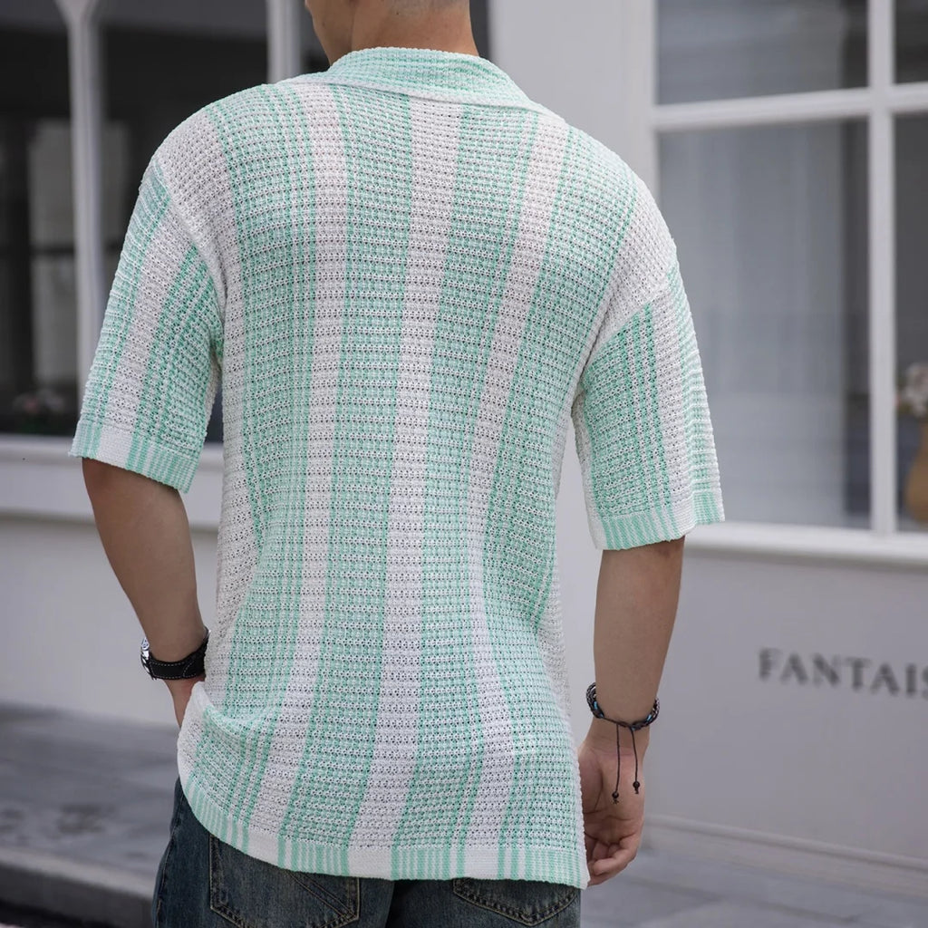 Men's Short Sleeves Summer Ice Silk Striped Brand Fashion Short-Sleeved Breathable Casual Slim Soft Tops Men US Size