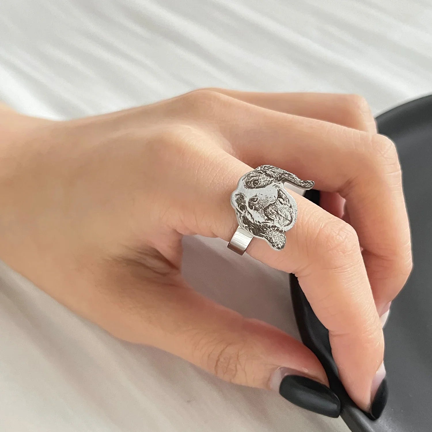 Personalized Photo Engraved Ring  Laser Engraved Picture Frosted Photo Ring Adjustable Open Ring