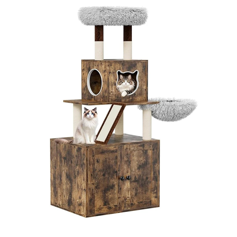 Cat Tree with Litter Box Enclosure 59 Inch Large 2 in 1 Cat Tower Condo with Scratching Post, Dangling Balls