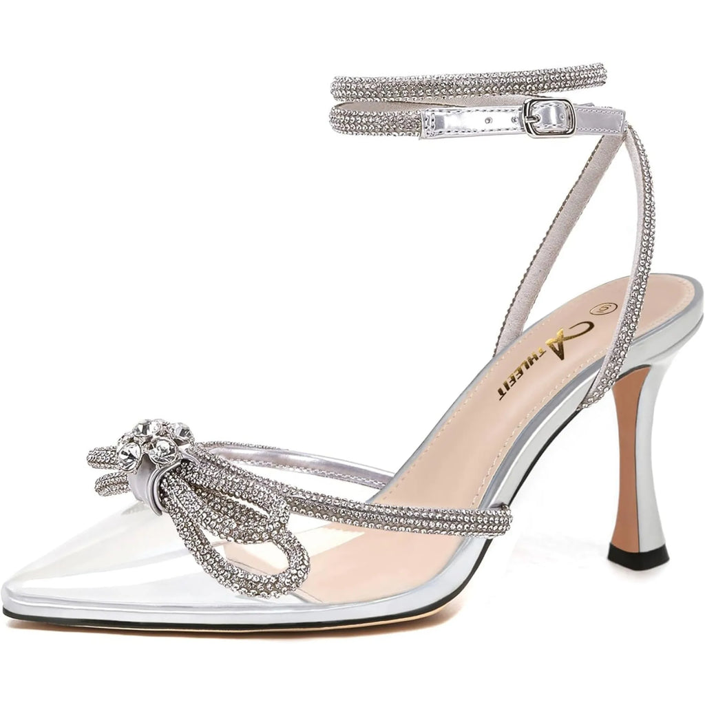 Women's Rhinestone Bow Heels Ankle Strap Pointed Toe Stiletto Heeled Sandals Wedding Bridal Dress Pumps Shoes