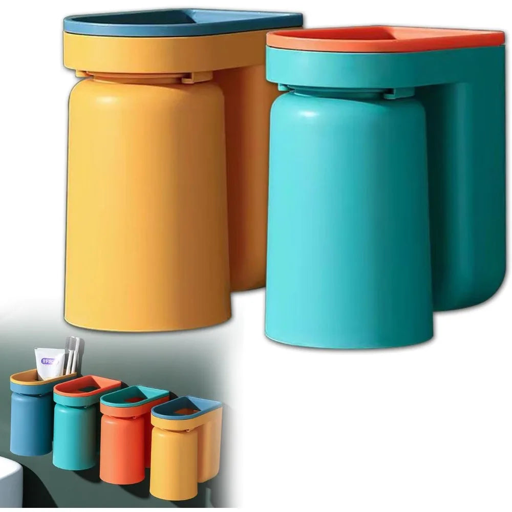 Toothbrush Holder Wall Mounted with Cup,2-in-1 Toothbrush Holders & Cups Set,Inverted Design for Easy Cleaning and draining,Stic