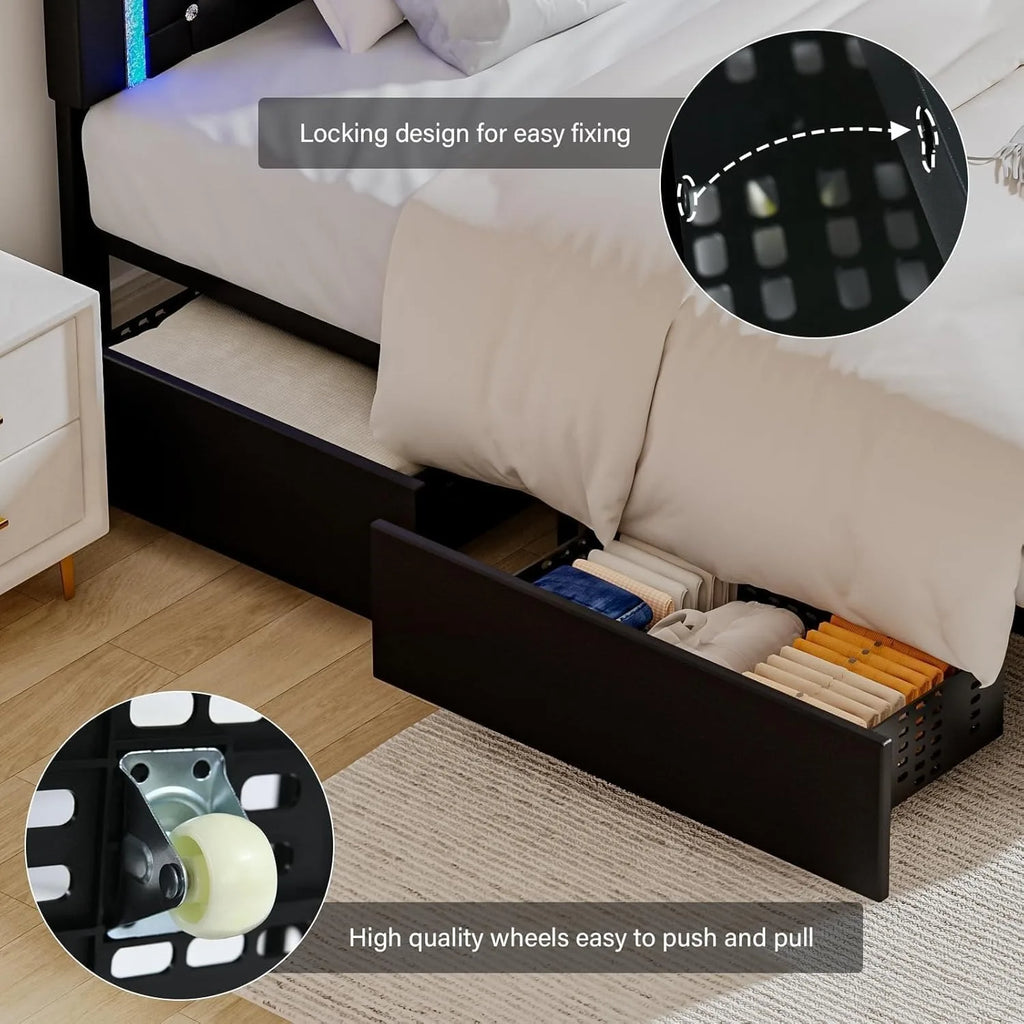 Queen Bed Frame with LED Lights, Upholstered Bed Frame with Storage Drawers, Modern Platform Bed Black