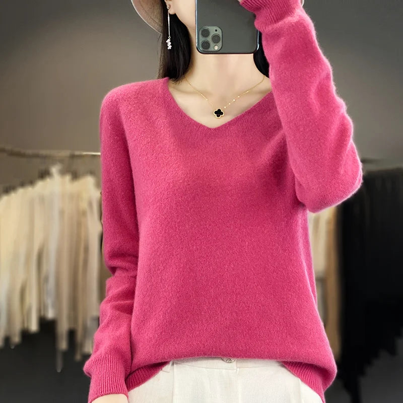 Sweater For Women 100% Merino Wool V Neck Sweater Fall Winter Basic Warm Pullovers Long Sleeve Soft Knit Jumpers Female Clothing