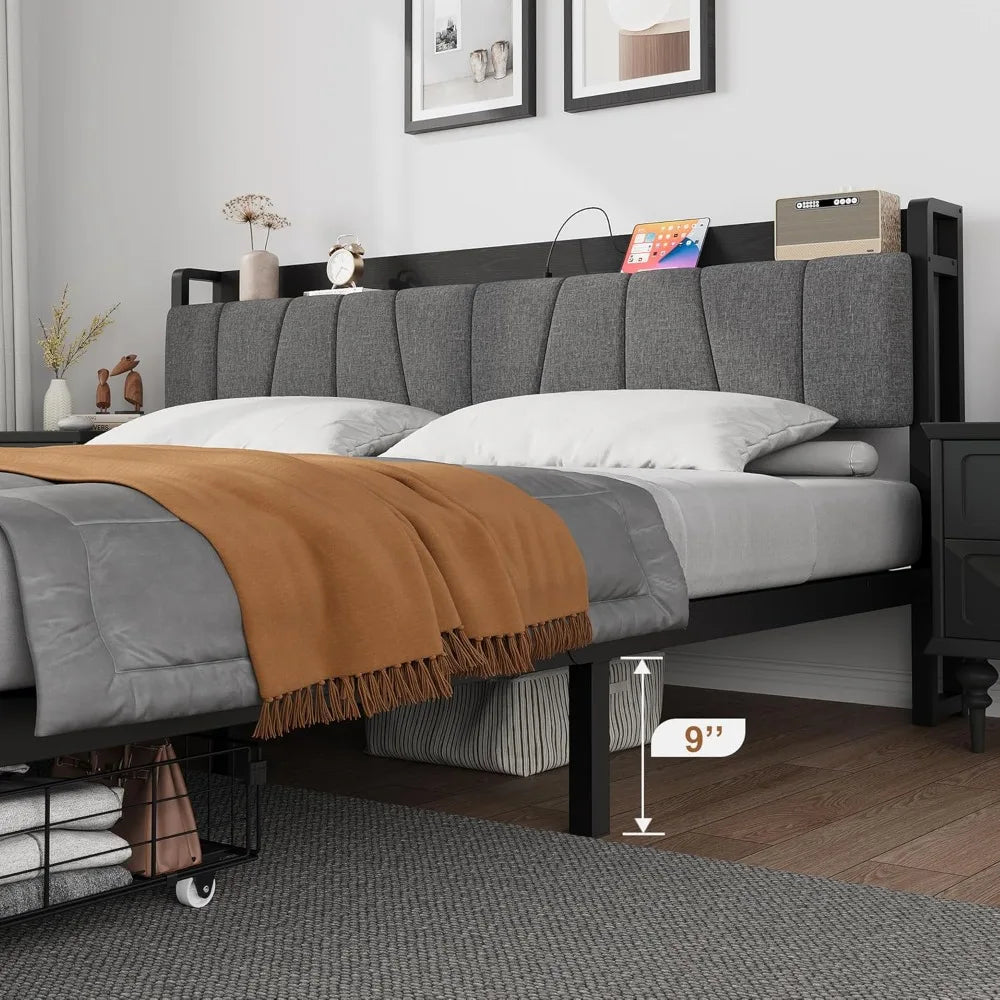 King Size Bed Frame with Storage Headboard, No Box Spring Needed, King Platform Bed with 2 Large Drawers and Charging Station